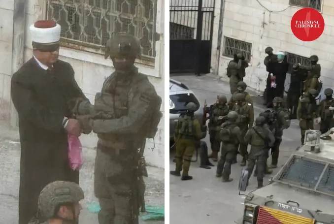 Israelske soldater tilbageholder en palæstinensisk imam i Hebron. Kilde: The Palestine Chronicle.