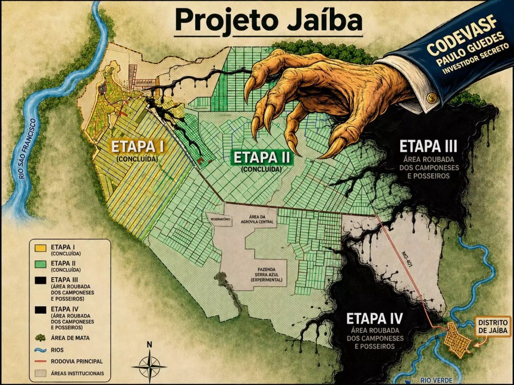 Kort over Jaíba-projektet afslører CODEVASF, Paulo Guedes og hemmelige investorers forsøg på at trænge ind i områder planlagt til fase III og IV og true med at fordrive bønder og besættere fra de jorder, hvor de bor og producerer. Kilde: A Nova Democracia.